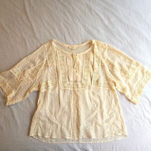 Meadow Rue Anthropologie Cream Silk Boho Blouse Swiss Dot Embroidered Lace